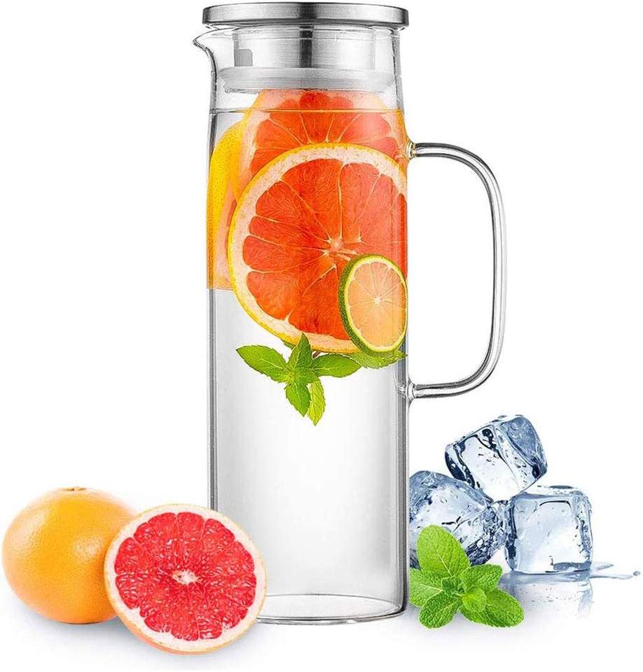 Heat Resistant Glass Pitcher with Stainless Steel Lid, Water Carafe with Handle, Good Beverage Pitcher For Homemade Juice