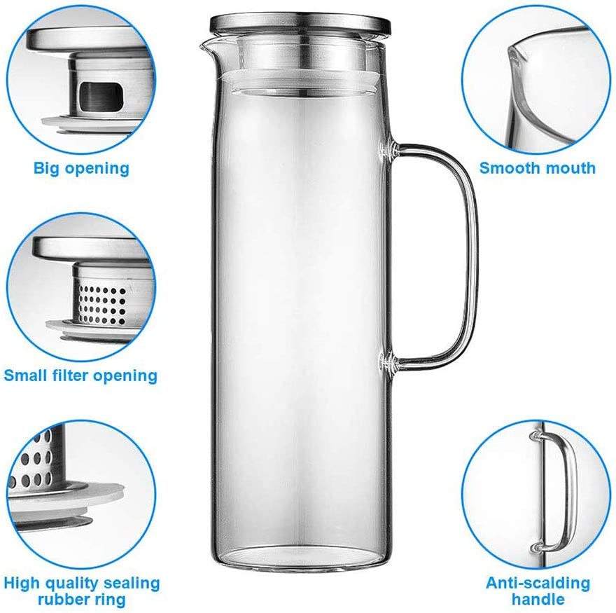 Heat Resistant Glass Pitcher with Stainless Steel Lid, Water Carafe with Handle, Good Beverage Pitcher For Homemade Juice