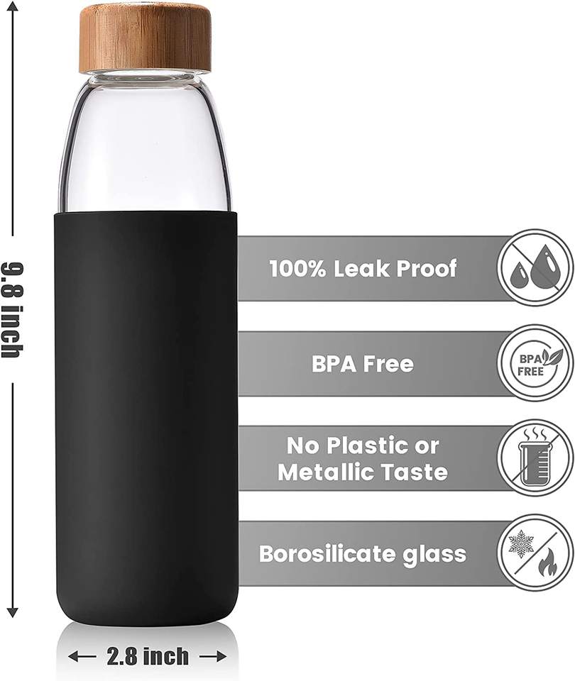 Borosilicate Glass Water Bottles with Bamboo Lid, BPA-FREE, Non-Slip Silicone Sleeve water bottle for men and women