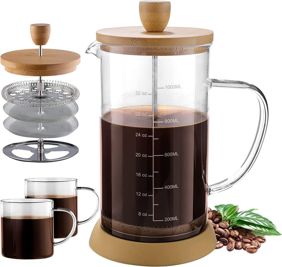 34 oz French Press Coffee Maker, Double Filters Bamboo French Press, Borosilicate Glass Press Coffee Make