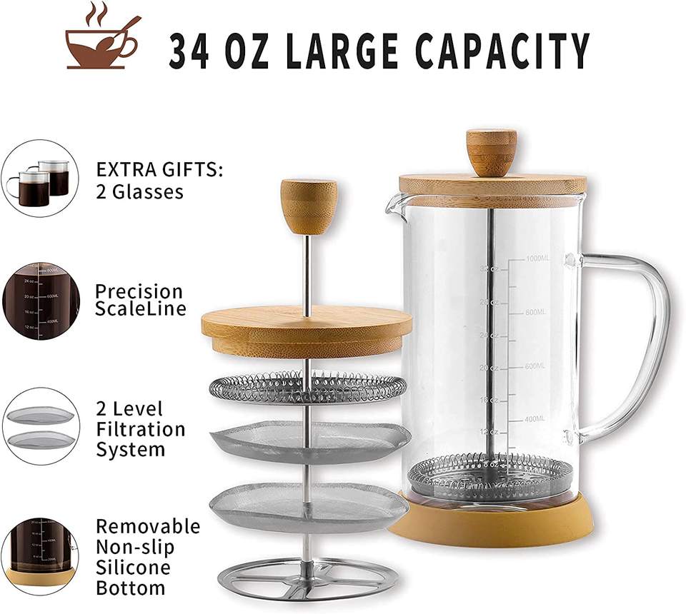 34 oz French Press Coffee Maker, Double Filters Bamboo French Press, Borosilicate Glass Press Coffee Make