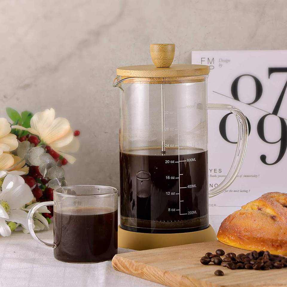 34 oz French Press Coffee Maker, Double Filters Bamboo French Press, Borosilicate Glass Press Coffee Make