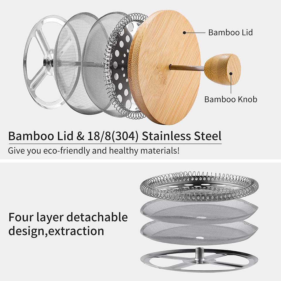 34 oz French Press Coffee Maker, Double Filters Bamboo French Press, Borosilicate Glass Press Coffee Make