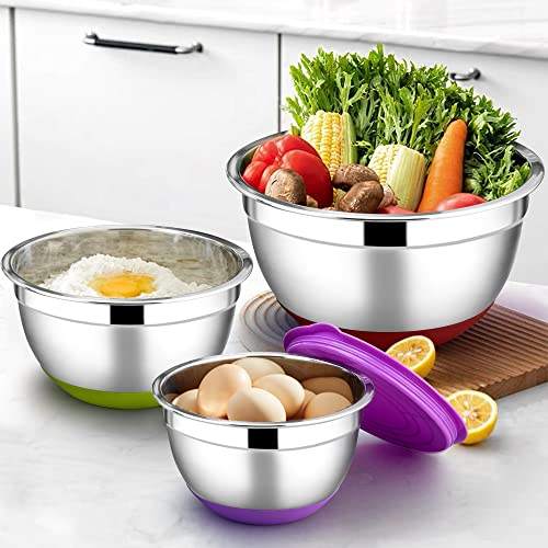 Stainless Steel Bowl with Airtight Lid and Non-Slip Base Salad Bowl Set-4.6 L  2.8 L  1.2 L