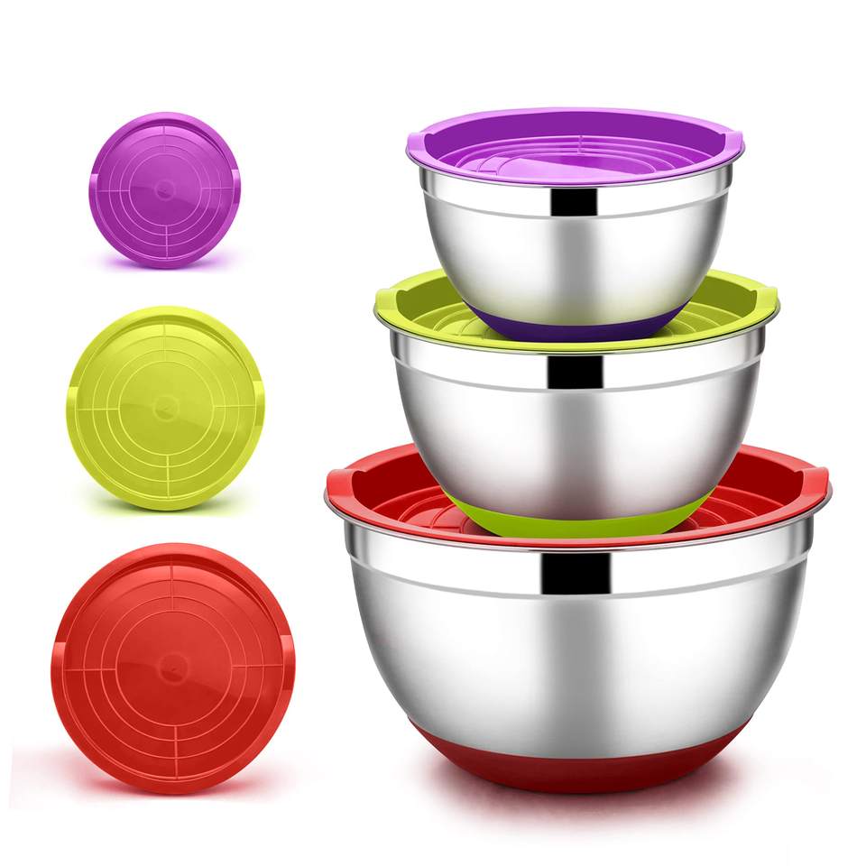 Stainless Steel Bowl with Airtight Lid and Non-Slip Base Salad Bowl Set-4.6 L  2.8 L  1.2 L