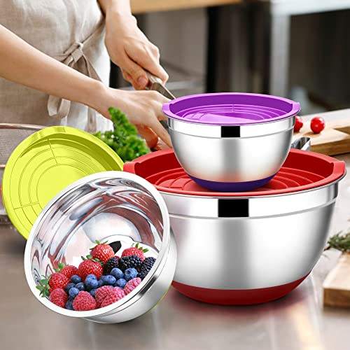 Stainless Steel Bowl with Airtight Lid and Non-Slip Base Salad Bowl Set-4.6 L  2.8 L  1.2 L