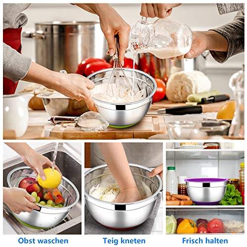 Stainless Steel Bowl with Airtight Lid and Non-Slip Base Salad Bowl Set-4.6 L  2.8 L  1.2 L