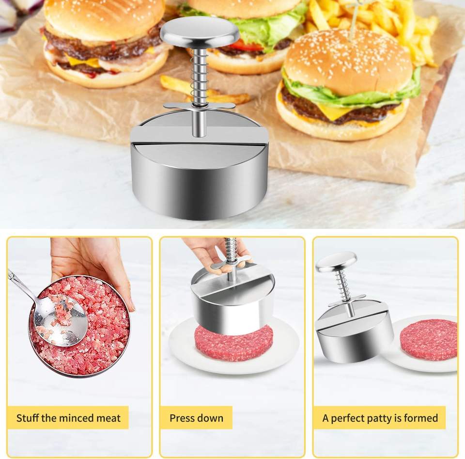 Nonstick Burger Press Mold Stainless Steel Adjustable Hamburger Patty Maker Hamburger Patty Press with Spring Button