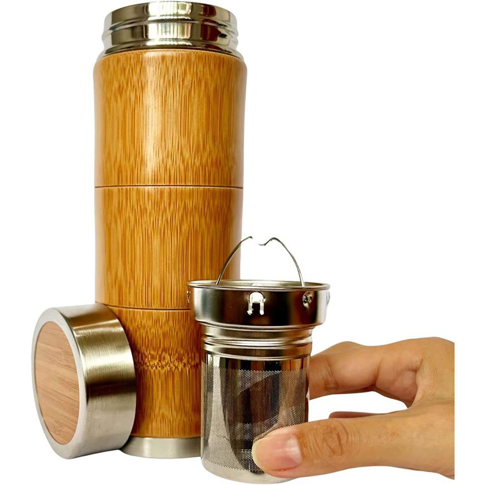 Portable Insulated Bamboo Design Tea Tumbler with Infuser