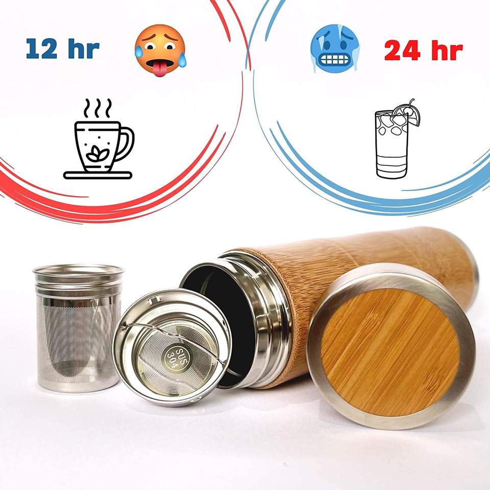 Portable Insulated Bamboo Design Tea Tumbler with Infuser