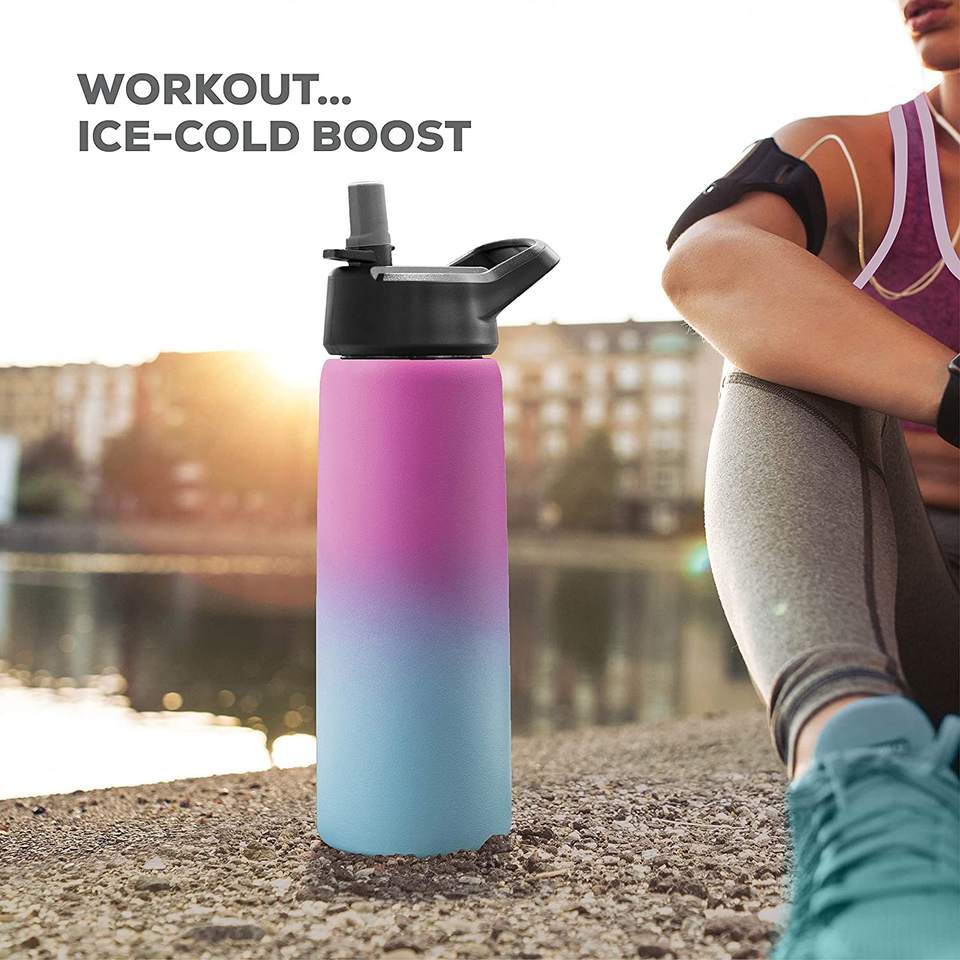 Stainless Steel Double Wall Water Bottle, Sweat-proof Vacuum Insulated Bottle With Straw Lid