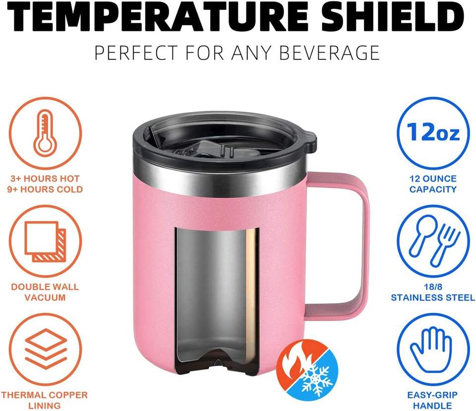 12oz Stainless Steel Insulated Coffee Mug with Handle, Double Wall Vacuum Travel Mug