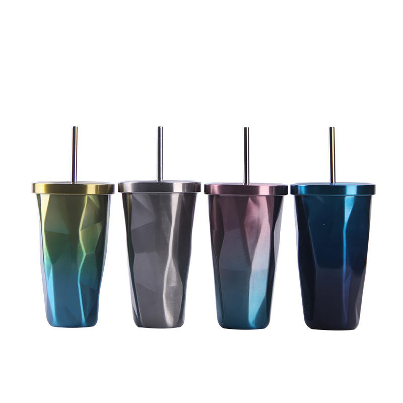 New design vacuum stainless steel insulation cup Diamond shaped water bottle with straw