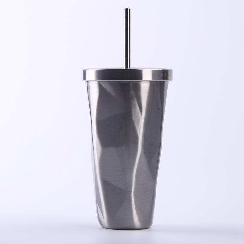 New design vacuum stainless steel insulation cup Diamond shaped water bottle with straw