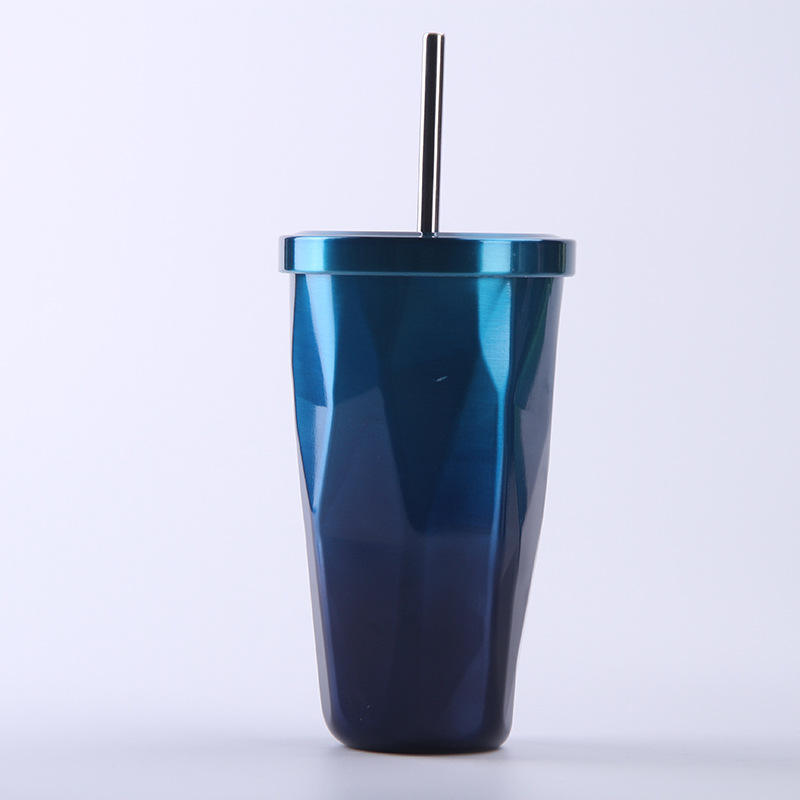 New design vacuum stainless steel insulation cup Diamond shaped water bottle with straw