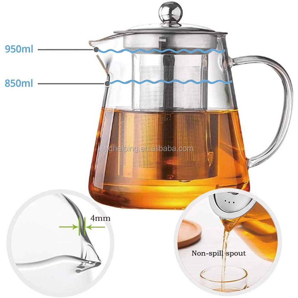 950ML Teapot Water Carafe Borosilicate Glass glass Teapot with Infuser Tea Pot 950ml 32oz Tea Kettle Stovetop with Filter Glass