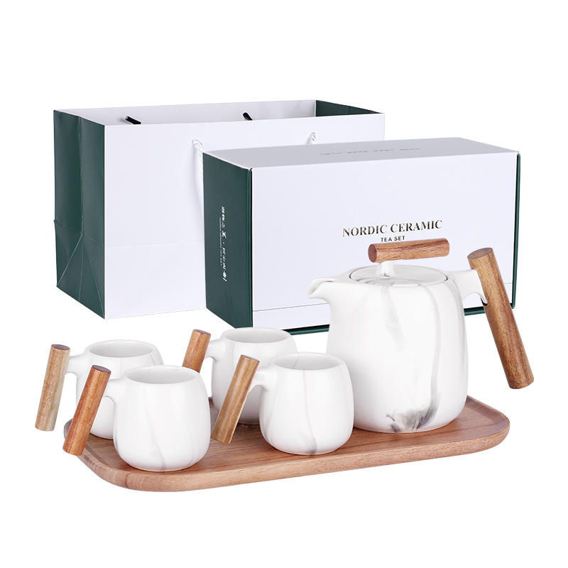 Hot Sale Nordic Ceramic Tea Pot Set Wooden Handle Tea Cups with Gift Box