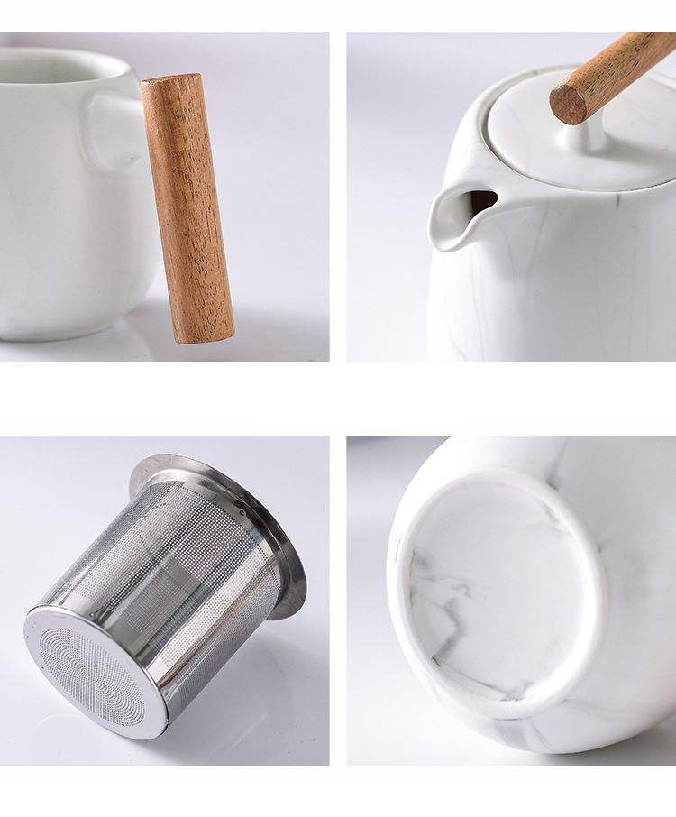 Hot Sale Nordic Ceramic Tea Pot Set Wooden Handle Tea Cups with Gift Box