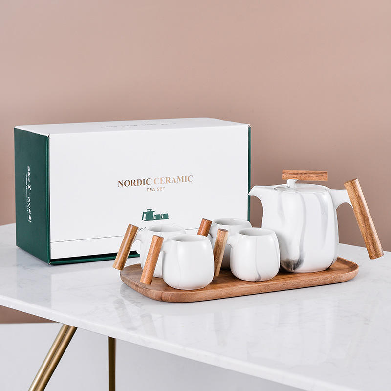 Hot Sale Nordic Ceramic Tea Pot Set Wooden Handle Tea Cups with Gift Box