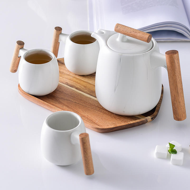 Hot Sale Nordic Ceramic Tea Pot Set Wooden Handle Tea Cups with Gift Box