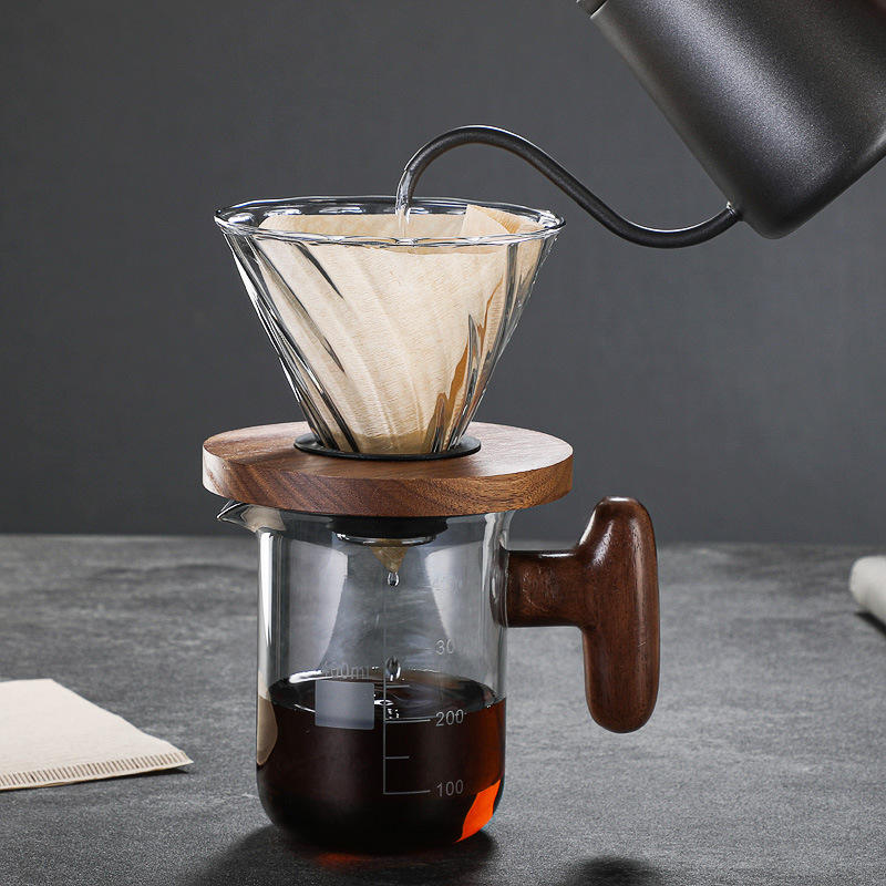 New Design Wood Handle Coffee Pot Borosilicate Glass Sharing Pot Set With Filter Cup Coffee Drip